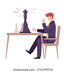 Jugador de ajedrez celebra su victoria en torneo de ajedrez, competencia intelectual deportiva e ilustración vectorial plana