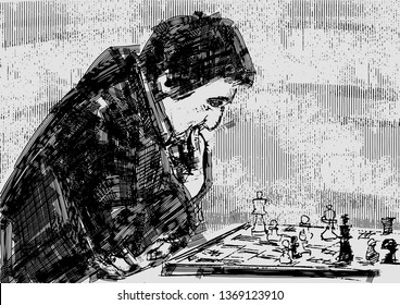 Chess player at the chessboard. Chessplayer thinks about the move. Chess pieces on checkerboard. Vintage engraving style. Monochrome hand drawn illustration. Black drawing. Vector.