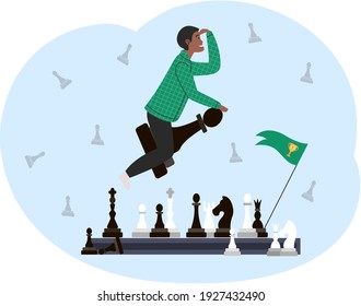 Chess player happy man sitting astride chess piece flies up to meet achievements over chessboard, future goals. Player thinking about strategy and doing move. Smiling grand master won his opponent