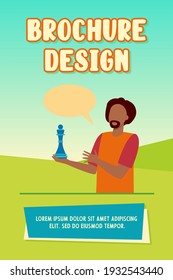 Chess player holding piece. Chess queen, speech bubble, figure flat vector illustration. Sport, game, strategy concept for banner, website design or landing web page