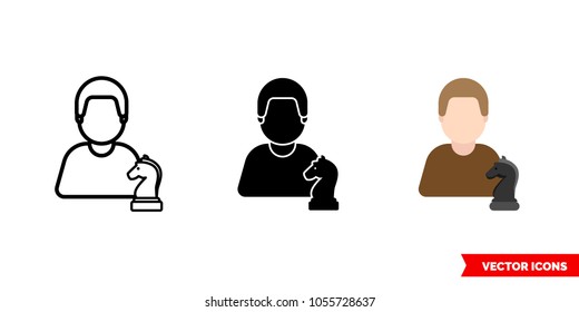 Chess player icon of 3 types: color, black and white, outline. Isolated vector sign symbol.