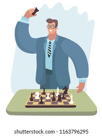 Chess player man in glasses thinking about strategy and doing move. Smiling grand master checkmated his opponent. Vector cartoon illustration in modern concept