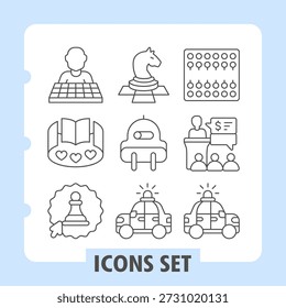 Jugador de ajedrez, lectura, pegatina de peón conjunto de iconos simples que representan el juego de ajedrez, la electricidad, la corte, los artículos de la policía en estilo de contorno para App e impresión sobre fondo blanco. Conjunto de nueve iconos de línea delgada
