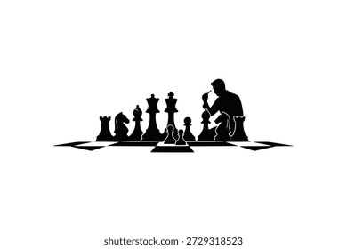 Chess Player Silhouette Vector Illustration, Thinking Man with Board and Pieces Strategy Concept