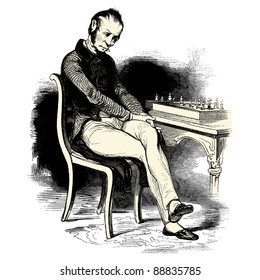 The chess player - Vintage engraved illustration - "Les Francais" by L.Curmer in 1842 France