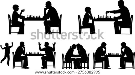 Chess players silhouette vector set featuring father and son playing board games, competitive matches, and children learning strategy for family hobby designs.