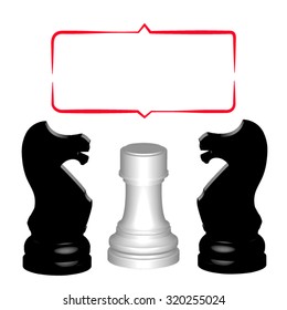 Chess postcard. Two black horse stormed the white tower, and above them a red curly grunge frame. All isolated
