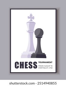 Chess poster concept. Black and white chess pieces. Intellectual game for logic. Strategy and planning. Tournament and competition. Flat vector illustration isolated on grey background