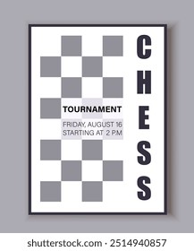 Chess poster concept. Chess board template with text. Intellectual game for logic. Strategy and planning. Tournament and competition. Flat vector illustration isolated on grey background