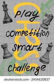 chess poster concept template design with queen king knight rook pieces isolated retro halftone grunge collage element brush stroke script text hand drawn checkered background