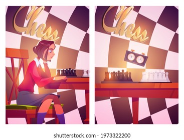 Chess posters with girl plays board game with pieces and clock. Vector flyers with cartoon illustration of woman player sitting at table with chessboard and timer on checkered background