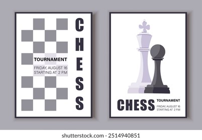 Chess posters set. Black and white chess pieces and board. Intellectual game of logic. Competition and tournament. Flyer and brochure. Flat vector collection isolated on grey background