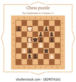 Chess puzzle. Put checkmate in 4 moves. Chess in a flat design. Vector illustration