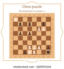 Chess puzzle. Put checkmate in 4 moves. Chess in a flat design. Vector illustration