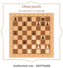 Chess puzzle. Put checkmate in 4 moves. Chess in a flat design. Vector illustration