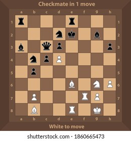 Chess puzzle,
riddle. Checkmate in 1 move. white go. Chess in flat design. Vector