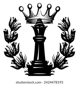 Chess queen with crown and wreath. Vector monochrome image as a template for design.