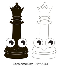 Chess Queen Funny cartoon. Outlined illustration with thin line black stroke