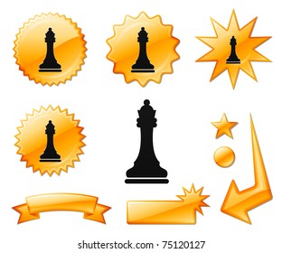 Chess Queen Icon on Orange Burst Banners and Medals Original Vector Illustration