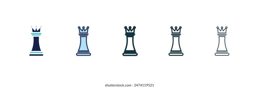 Chess queen icon set. chess game crown piece vector symbol in black filled and outlined style.