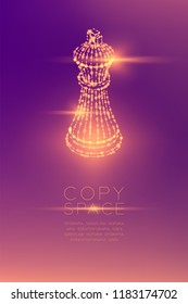 Chess Queen isometric wireframe polygon futuristic bokeh light frame structure and lens flare, Business strategy concept design illustration isolated on purple gradient background with copy space