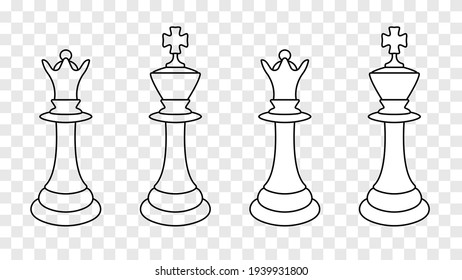 Chess queen and king contour isolated 3d. Black graceful main figures strategic victory in ancient logic game concept primacy and vector struggle.