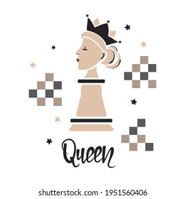 Chess Queen piece. Cartoon vector illustration. Winning concept print