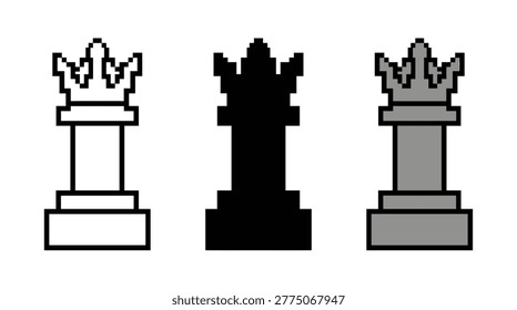 Chess queen pieces collection in pixelated block style, board strategy, victory, competition, royalty, and grandmaster
