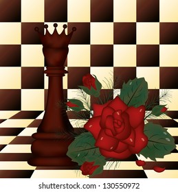 Chess Queen and red rose. vector illustration