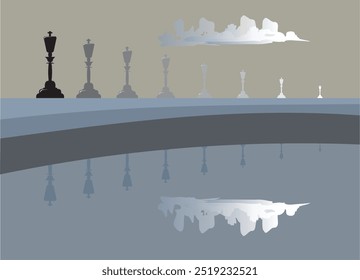 Chess queens along the lake with the embankment surreal abstraction