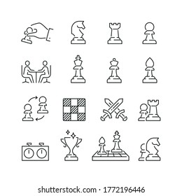 Chess related icons: thin vector icon set, black and white kit