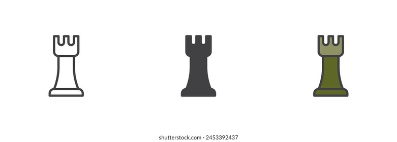 Chess rook different style icon set. Line, glyph and filled outline colorful version, outline and filled vector sign. Strategy symbol, logo illustration. Vector graphics