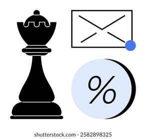 Chess rook, envelope with notification blue dot, and percentage sign in circle. Ideal for marketing, communication, strategy planning, statistics, business analysis, decision making, educational