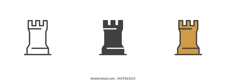 Chess rook figure different style icon set. Line, glyph and filled outline colorful version, outline and filled vector sign. Symbol, logo illustration. Vector graphics