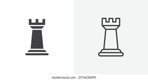 Chess rook icon set in black flat solid and outlined style.