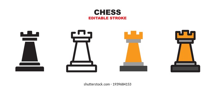 Chess rook icon set with different styles. Colored vector icons designed in filled, outline, flat, glyph and line colored. Editable stroke and pixel perfect. Can be used for web, mobile, ui and more.