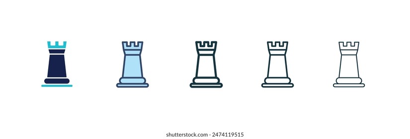 Conjunto de iconos de la torre de ajedrez. Vector de la pieza del elefante de ajedrez en estilo negro relleno y contorneado.