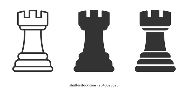 Chess rook icons presented in different styles, ideal for strategy, games, and competition themes. Vector illustration.