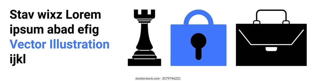 Chess rook lock and briefcase convey strategy security and business themes with minimal design in black and blue. Ideal for strategic planning security business and abstract concepts. Banner