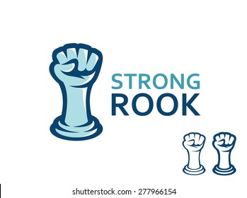 Chess rook made as a rising fist. Logo vector design template.