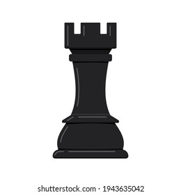 Chess rook piece vector icon isolated on white background. Black chess figures rook tower game disign element. Flat design cartoon style castle clip art illustration.