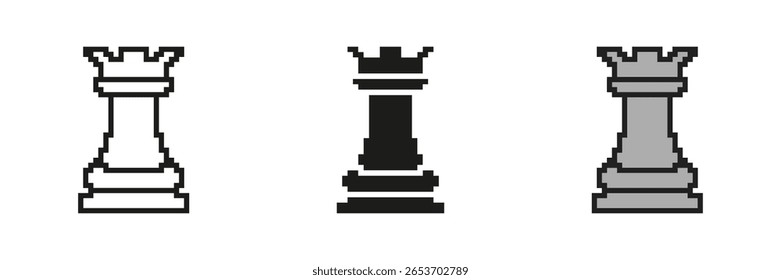 Conjunto De Ícones Pixelizados Da Torre De Xadrez. Pixel Art Símbolo de uma peça de xadrez para defesa ou estratégia. Sinal de pensamento estratégico. Ilustração de vetor isolada.