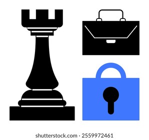 Chess rook stands beside a briefcase and a padlock symbolizing strategy business and security. Ideal for business strategy financial planning security concepts competitive analysis and corporate