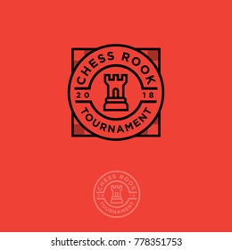 Chess Rook  tournament Logo. Chess competition or tourney emblem. Rook and letters in the circle.