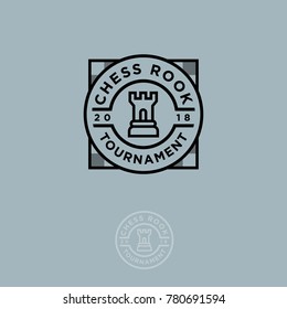 Chess Rook tournament Logo. Chess competition or tourney emblem. Rook and letters in the circle.