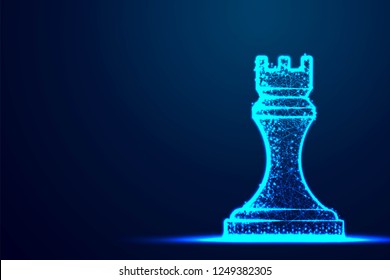 Chess Rook wireframe Polygon blue frame structure, Business strategy concept design. Abstract low poly, Triangle, dot, line, polygon. Shine blue background, Vector illustration