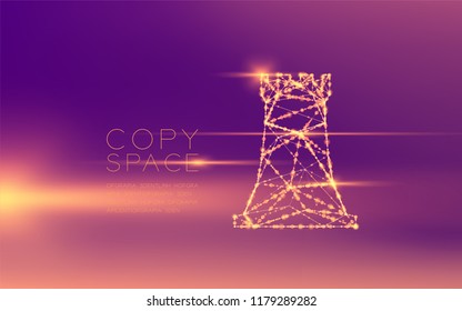 Chess Rook wireframe polygon futuristic bokeh light frame structure and lens flare, Business strategy concept design illustration isolated on purple gradient background with copy space