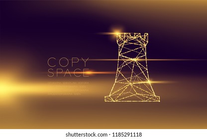 Chess Rook wireframe polygon futuristic bokeh light frame structure and lens flare, Business strategy concept design illustration isolated on dark gradient background with copy space