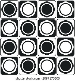 Chess round abstract shapes. Vector with striped decor cells in black and white colors.