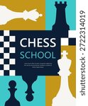 Chess school banner. Modern vector illustration featuring chess pieces and  chessboard, suitable for themes of strategy, competition, logic, tournaments, education, and club and school promotion. 